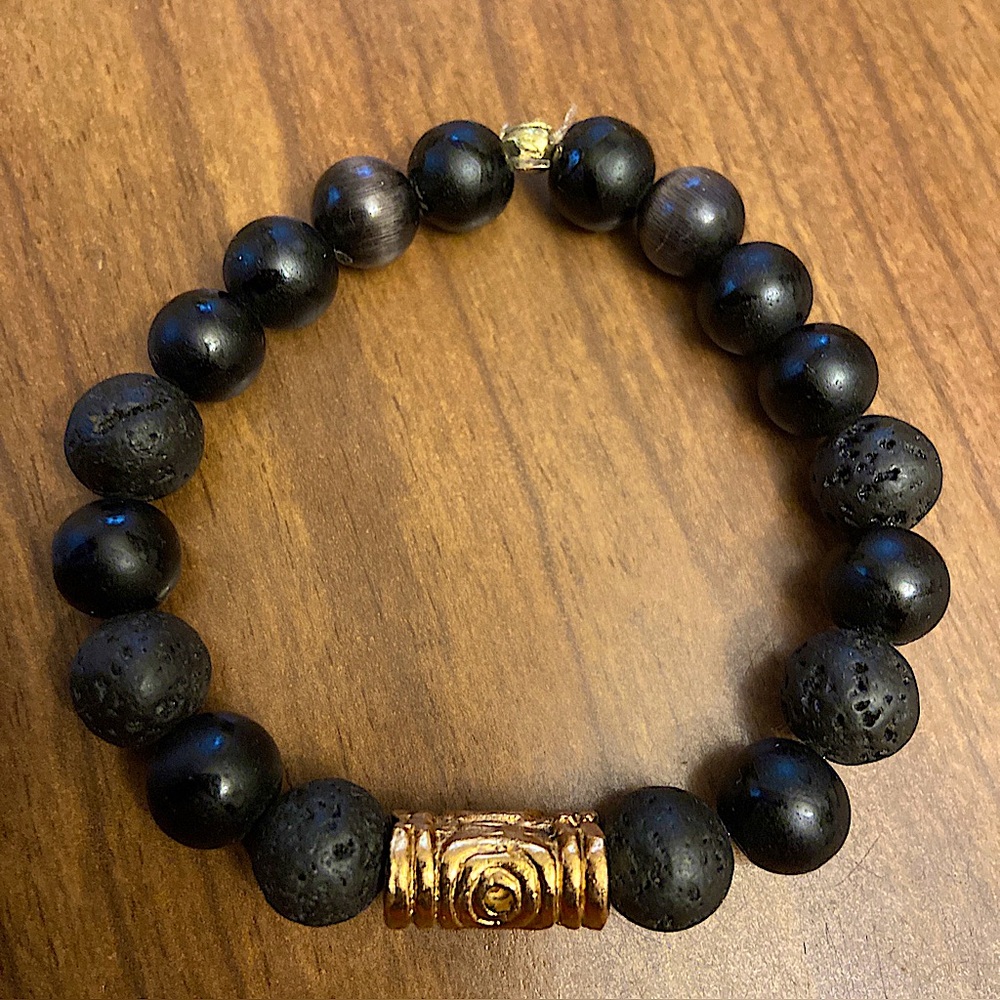 Unique Black Lava Rock & Onyx Round Beaded Bracelet with 18k Gold Filled Column